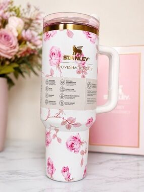 Stanley x LoveShackFancy Floral Tumbler 40oz Pink Roses Cup + Straw Gift Set NWT
